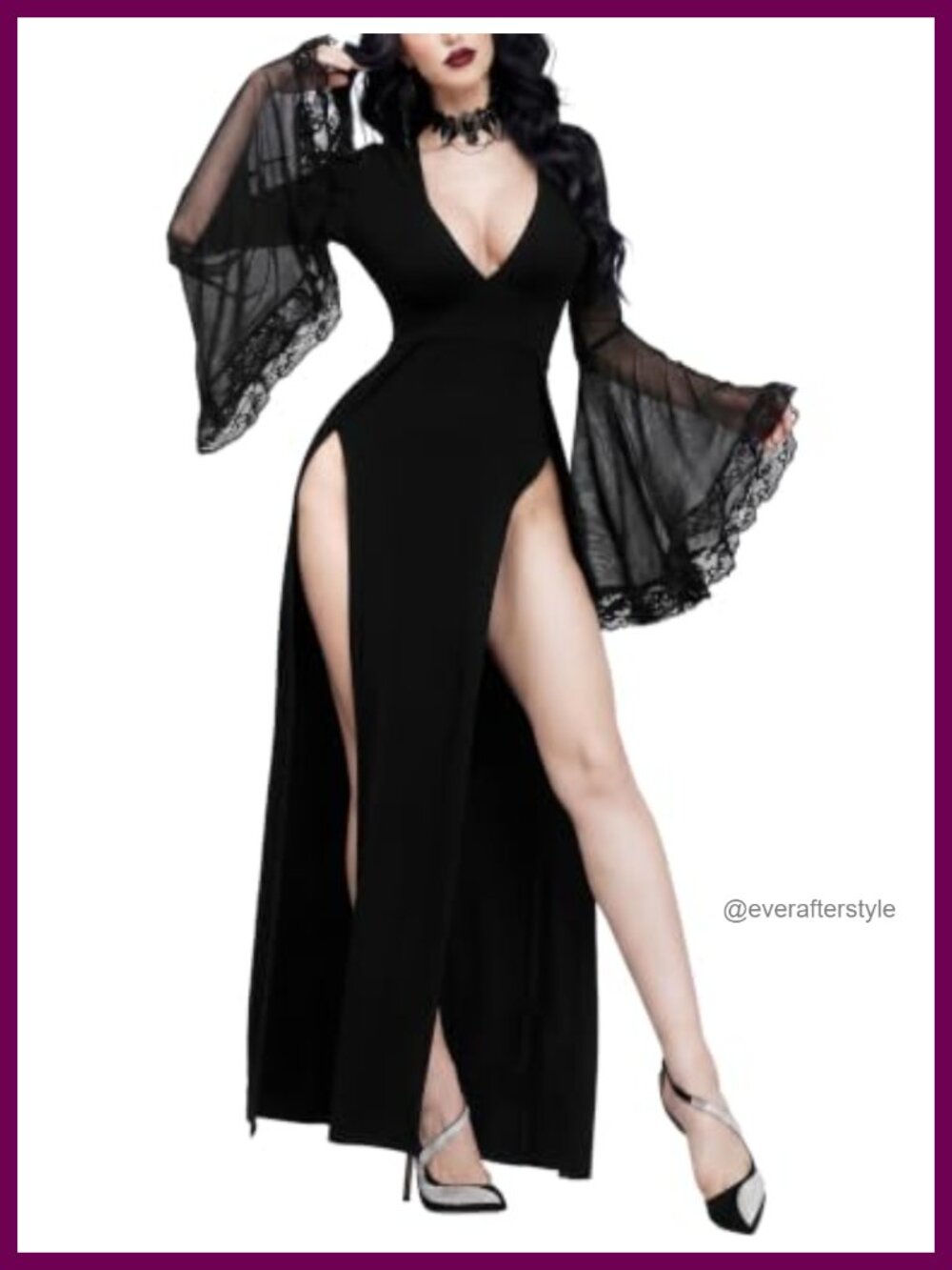 Women Gothic High Slit Bell Sleeve Lace Maxi Dress